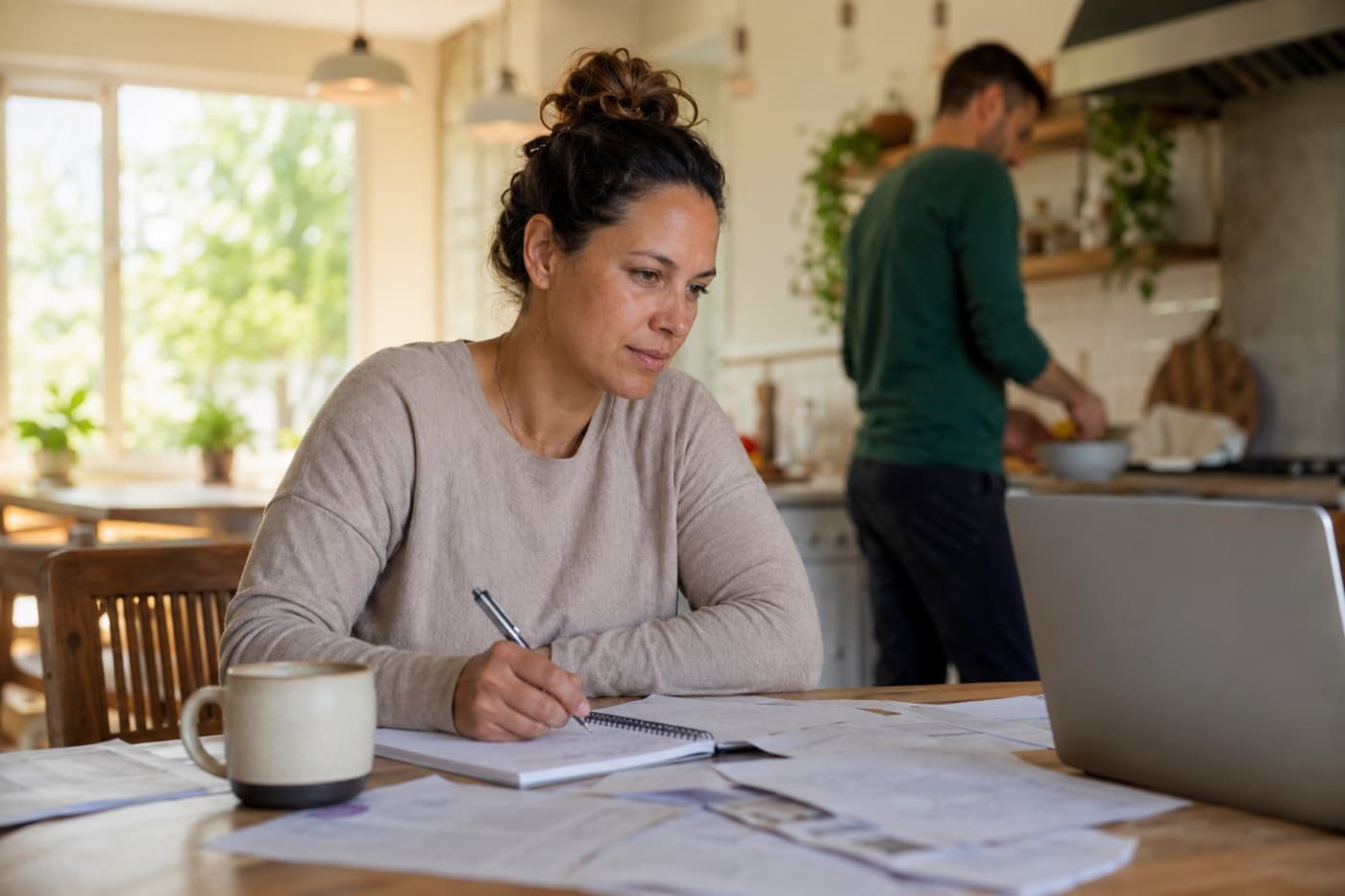 A woman veteran taking notes beside a laptop at a sunlit kitchen table while her partner cooks in the background