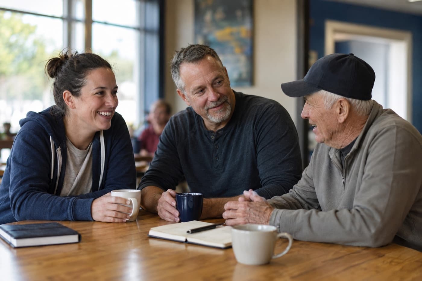 Three veterans of different generations talking over coffee at a community center table