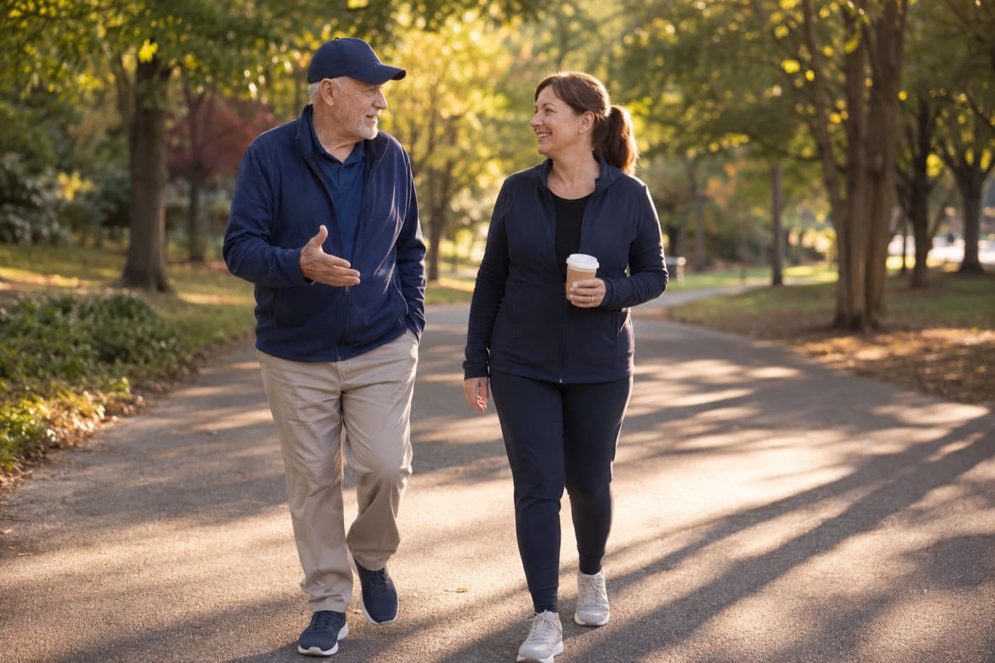 An older veteran in a navy ball cap and a younger woman veteran talking on a sunlit tree-lined path