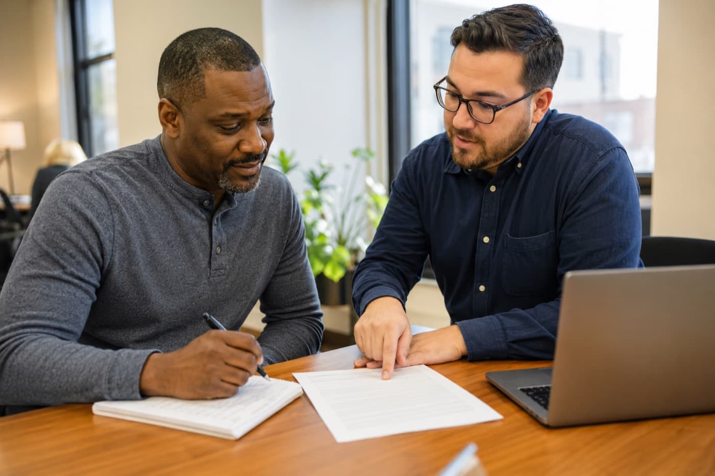 An advisor pointing at a document while a veteran takes notes at a sunlit desk