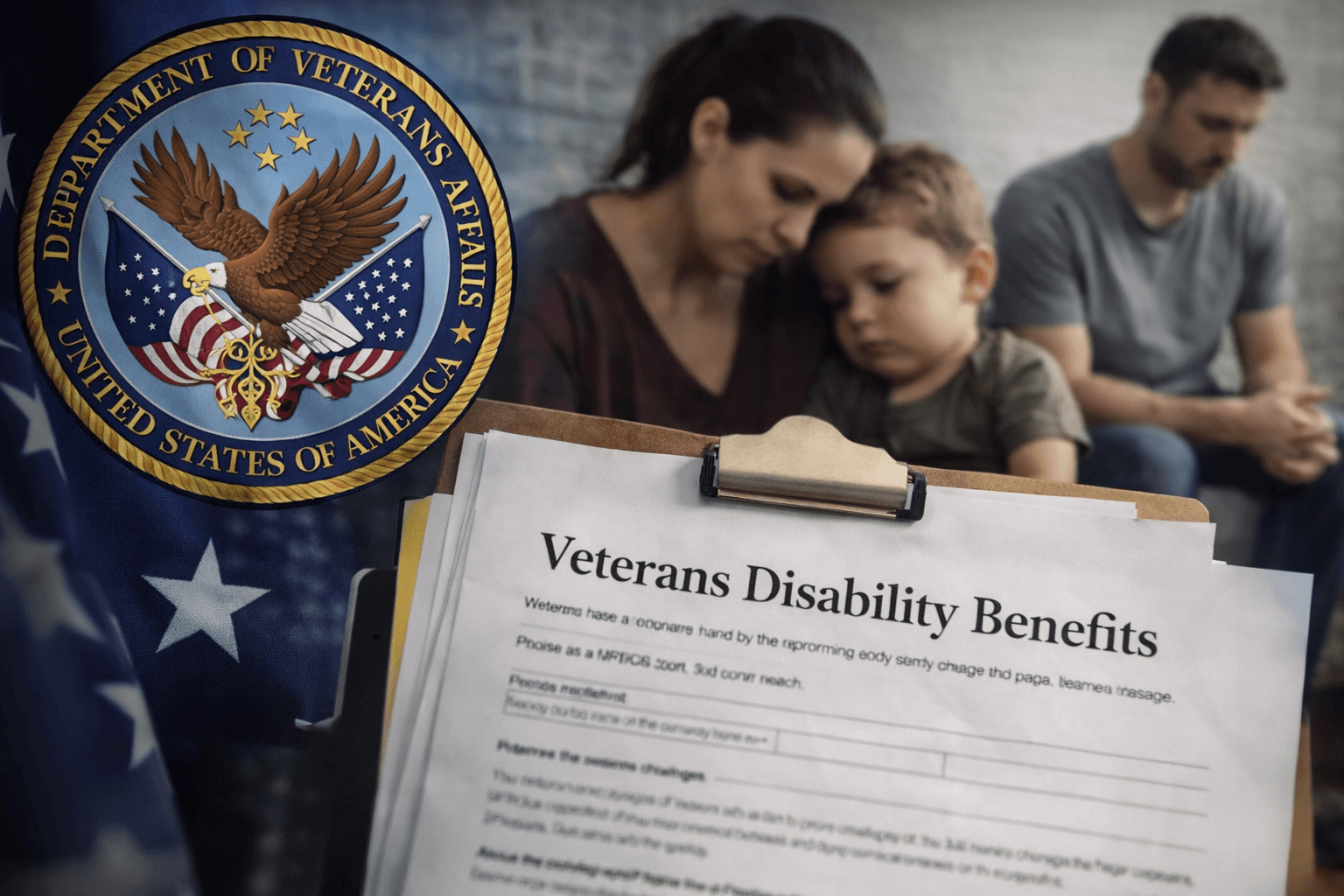 Department of Veterans Affairs seal beside a family with a child and disability benefits paperwork in the foreground