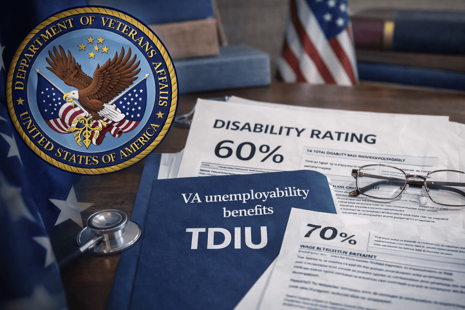 VA unemployability benefits and disability rating documents displayed with a stethoscope and Veterans Affairs seal