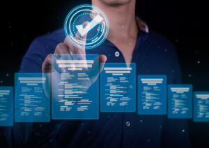 High-tech digital interface overlaying a stack of traditional paperwork and veteran files