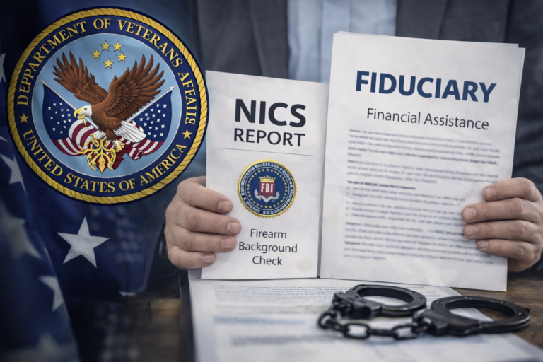 VA fiduciary program and FBI background check reporting documents shown beside the Department of Veterans Affairs seal